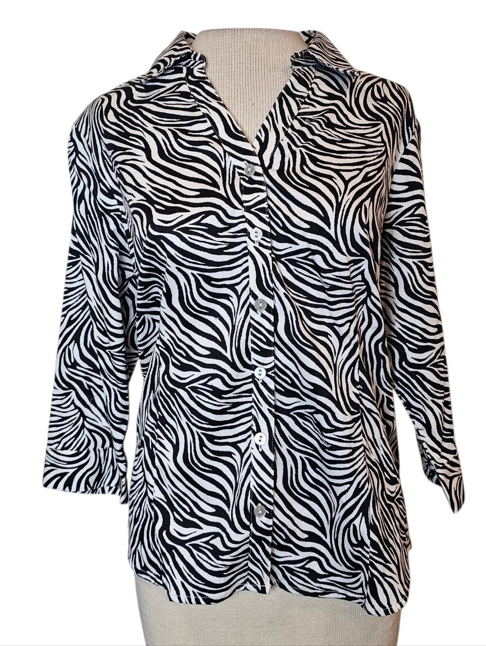 Black & White Zebra Print Blouse Size L Petite Cotton Y2K Dopamine Maximalist